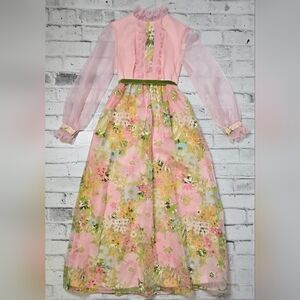 Vintage 60s Sylvia Ann Floral Maxi Dress – Sheer Sleeves & Velvet Trim XS